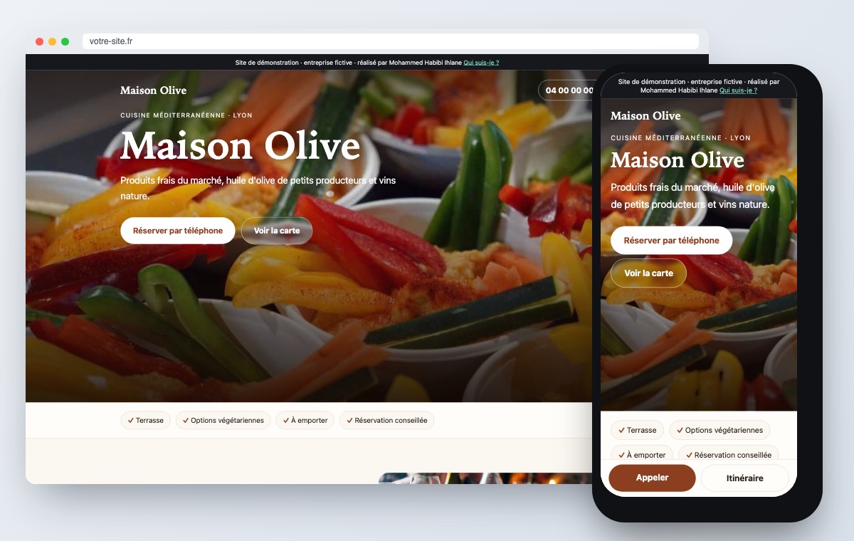 A website preview the system generated for a demo restaurant, on a laptop and a phone