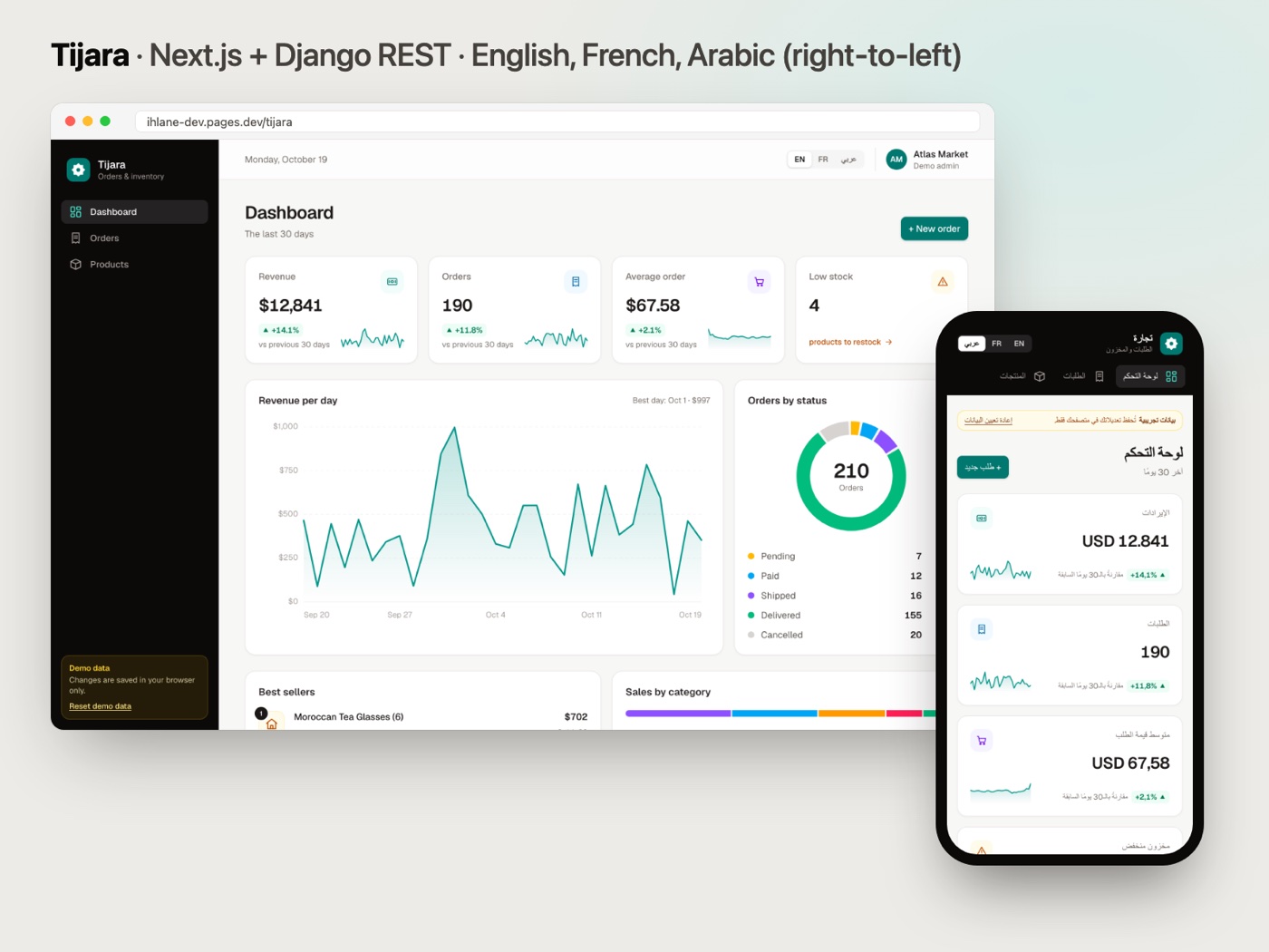 Tijara's dashboard on a laptop in English and on a phone in Arabic